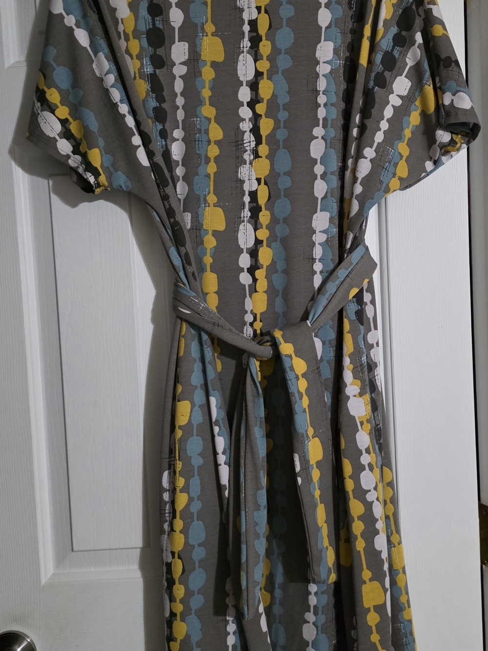 LuLaRoe Grey Midi Dress with Yellow, White & Blue Dot Stripe Pattern